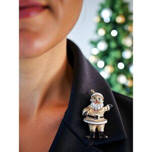 Vintage 1950s-1960s Gold-Tone Santa Claus Enamel Rhinestone Brooch Pin